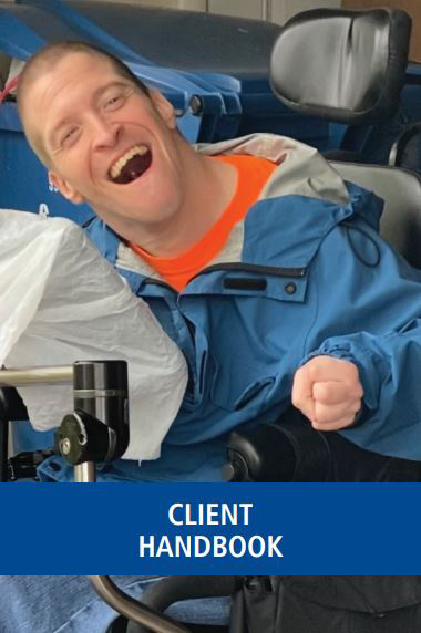 Client handbook featuring photo of man smiling with a blue stipe across the bottom.