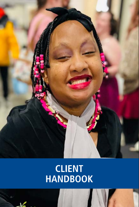 Client handbook featuring photo of man smiling with a blue stripe across the bottom.